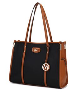 mkf shoulder bag for women: pu leather satchel handbag – top handle tote purse, ladies fashion pocketbook black-cognac