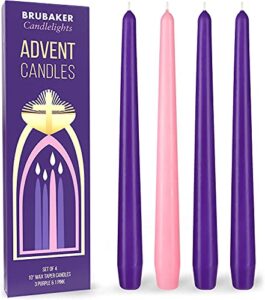 brubaker 4 pcs advent candles purple and pink – 10 inch taper candles for christmas, church and celebrations – unscented and dripless – made in europe