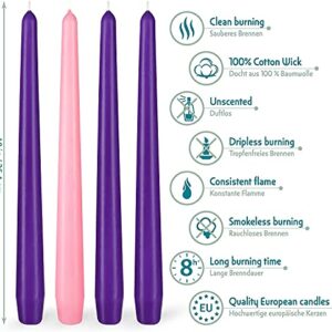 BRUBAKER 4 pcs Advent Candles Purple and Pink - 10 Inch Taper Candles for Christmas, Church and Celebrations - Unscented and Dripless - Made in Europe