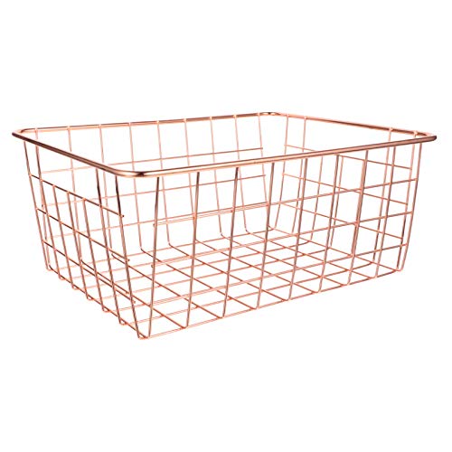 VOSAREA Iron Storage Basket Rose Gold Desktop Makeup Toiletries Basket Table Sundries Storage Organizer Multifunctional Container for Books Magazine Food Snack Clothes Toys 28x22cm