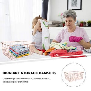 VOSAREA Iron Storage Basket Rose Gold Desktop Makeup Toiletries Basket Table Sundries Storage Organizer Multifunctional Container for Books Magazine Food Snack Clothes Toys 28x22cm