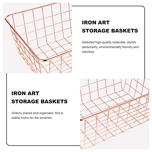 VOSAREA Iron Storage Basket Rose Gold Desktop Makeup Toiletries Basket Table Sundries Storage Organizer Multifunctional Container for Books Magazine Food Snack Clothes Toys 28x22cm