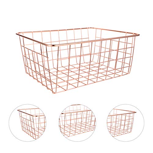 VOSAREA Iron Storage Basket Rose Gold Desktop Makeup Toiletries Basket Table Sundries Storage Organizer Multifunctional Container for Books Magazine Food Snack Clothes Toys 28x22cm