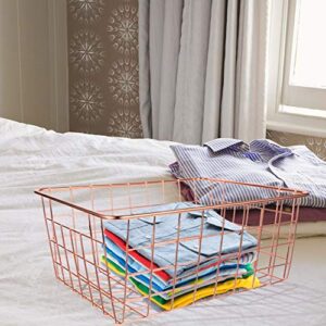 VOSAREA Iron Storage Basket Rose Gold Desktop Makeup Toiletries Basket Table Sundries Storage Organizer Multifunctional Container for Books Magazine Food Snack Clothes Toys 28x22cm