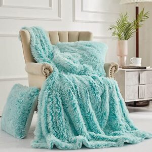 xege 3 pieces soft faux fur throw blanket set, fluffy furry blanket 50×60, shaggy plush fuzzy blanket with 2 throw pillow covers 20×20 for bed couch sofa living room dorm home decoration, aqua ombre