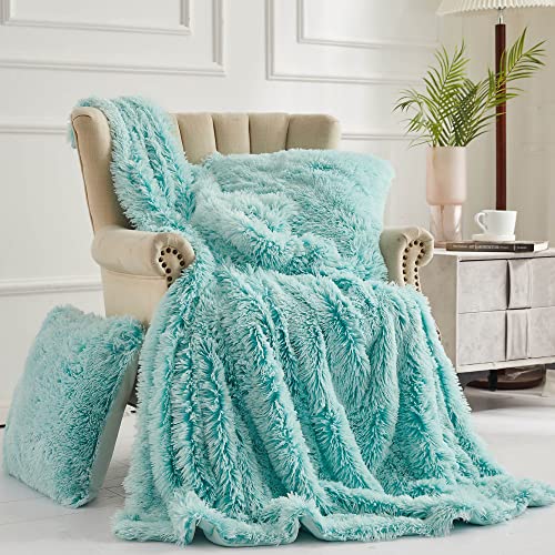 XeGe 3 Pieces Soft Faux Fur Throw Blanket Set, Fluffy Furry Blanket 50x60, Shaggy Plush Fuzzy Blanket with 2 Throw Pillow Covers 20x20 for Bed Couch Sofa Living Room Dorm Home Decoration, Aqua Ombre