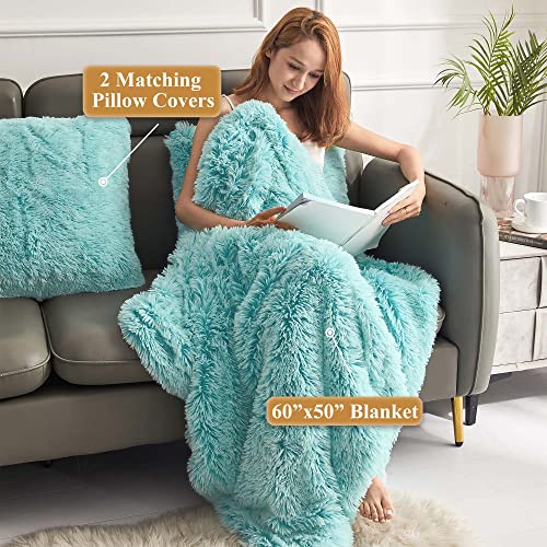 XeGe 3 Pieces Soft Faux Fur Throw Blanket Set, Fluffy Furry Blanket 50x60, Shaggy Plush Fuzzy Blanket with 2 Throw Pillow Covers 20x20 for Bed Couch Sofa Living Room Dorm Home Decoration, Aqua Ombre
