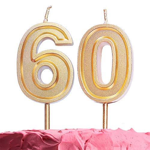 GET FRESH Number 60 Birthday Candle – Gold Number Sixty Candles on Sticks – Number Candles for Birthday Anniversary Wedding Party – Perfect 60 th Birthday Candles for Cake Decoration – Gold 60 Candles