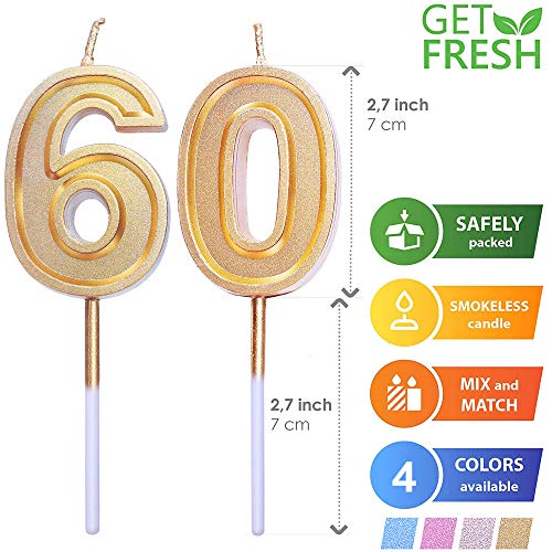 GET FRESH Number 60 Birthday Candle – Gold Number Sixty Candles on Sticks – Number Candles for Birthday Anniversary Wedding Party – Perfect 60 th Birthday Candles for Cake Decoration – Gold 60 Candles