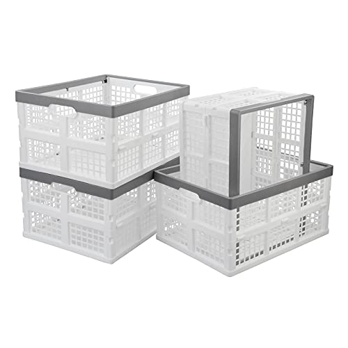 Uumitty 4 Packs 30 L Plastic Collapsible Storage Basket, Folding Stackable Storage Containers/Bins, White, f