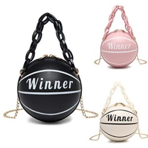 suxing ladies basketball bag basketball-shaped crossbody bag handbag girl mini one-shoulder pu leather round handbag (black)
