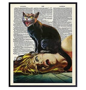 cat horror movie wall art & decor – black cat decorations – cat themed picture prints – creepy gothic goth scary movie poster – cat lover gifts for women, men – funny cat lady home decor 8×10