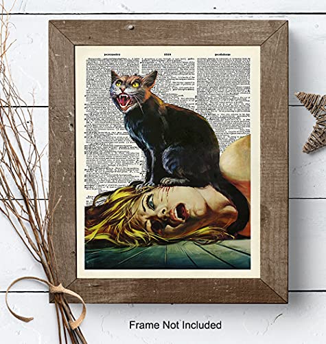 Cat Horror Movie Wall Art & Decor - Black Cat Decorations - Cat Themed Picture Prints - Creepy Gothic Goth Scary Movie Poster - Cat Lover Gifts for Women, Men - Funny Cat Lady Home Decor 8x10