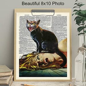 Cat Horror Movie Wall Art & Decor - Black Cat Decorations - Cat Themed Picture Prints - Creepy Gothic Goth Scary Movie Poster - Cat Lover Gifts for Women, Men - Funny Cat Lady Home Decor 8x10