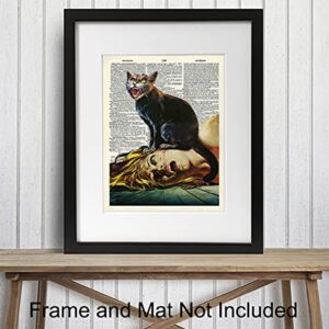 Cat Horror Movie Wall Art & Decor - Black Cat Decorations - Cat Themed Picture Prints - Creepy Gothic Goth Scary Movie Poster - Cat Lover Gifts for Women, Men - Funny Cat Lady Home Decor 8x10