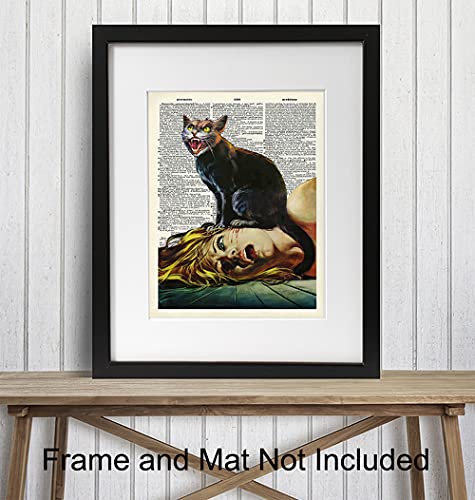 Cat Horror Movie Wall Art & Decor - Black Cat Decorations - Cat Themed Picture Prints - Creepy Gothic Goth Scary Movie Poster - Cat Lover Gifts for Women, Men - Funny Cat Lady Home Decor 8x10