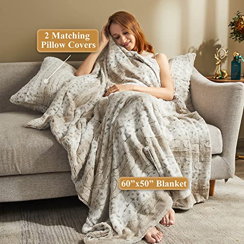 XeGe 3 Pieces Soft Faux Fur Throw Blanket Set, Cheetah Print Brushed Fuzzy Couch Blanket and Pillow Covers, Cozy Fluffy Plush Blanket 50x60 Pillow Cases 20x20 for Bed Living Room, Print Snow Leopard