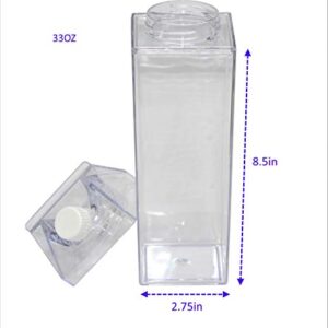 Big 33 ounce 1L Milk carton water bottle 1000ml Clear Square plastic acrylic reusable jug bulk container box travel outdoor crystal sports cup juice fridge gym (Clear, 33 OZ)