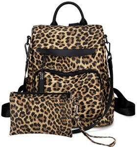womens backpack purse set casual fashion backpack wallet shoulder bag travel daypack (leopard with wallet)