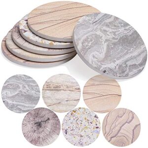 enkore drink coasters set of 6 stone finish absorbent ceramics – 4.3 inch x large with cork back mat, modern furniture protection for any table type, wood, granite, glass, marble tabletop – no holder