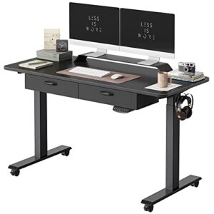 fezibo adjustable height electric standing desk with double drawer, 55 x 24 inches stand up home office desk with splice tabletop, black frame/black top