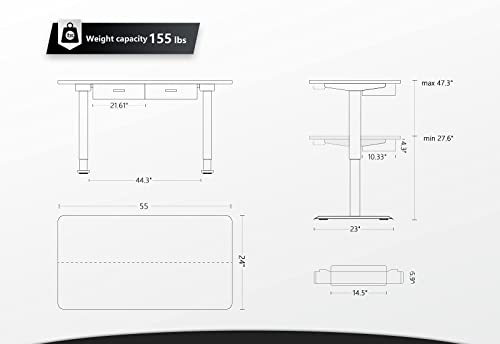 FEZIBO Adjustable Height Electric Standing Desk with Double Drawer, 55 x 24 Inches Stand Up Home Office Desk with Splice Tabletop, Black Frame/Black Top