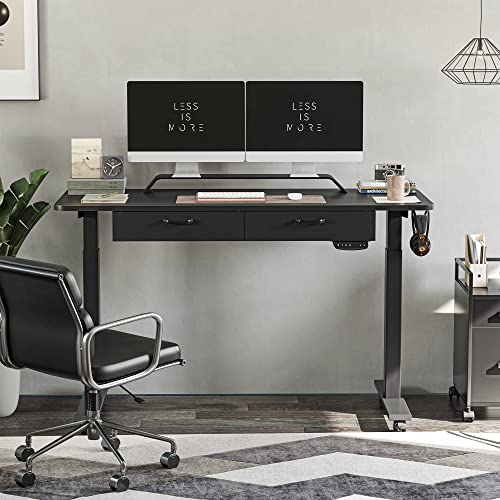 FEZIBO Adjustable Height Electric Standing Desk with Double Drawer, 55 x 24 Inches Stand Up Home Office Desk with Splice Tabletop, Black Frame/Black Top