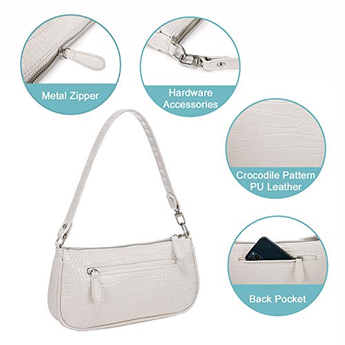 Loiral Shoulder Bags for Women, Retro Classic Tote HandBag Crocodile Pattern Clutch Mini Purse with Zipper Closure, White