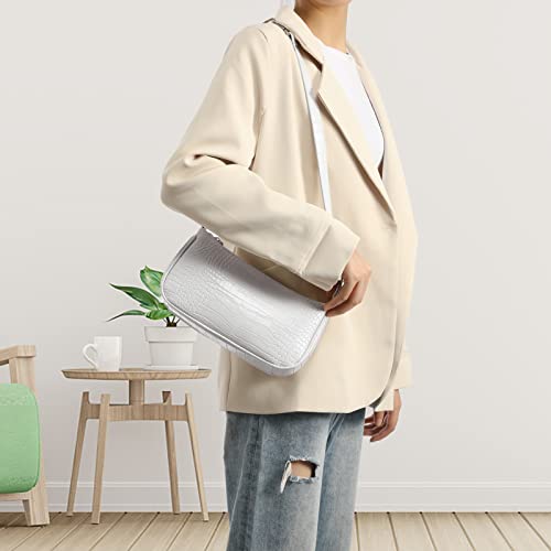 Loiral Shoulder Bags for Women, Retro Classic Tote HandBag Crocodile Pattern Clutch Mini Purse with Zipper Closure, White