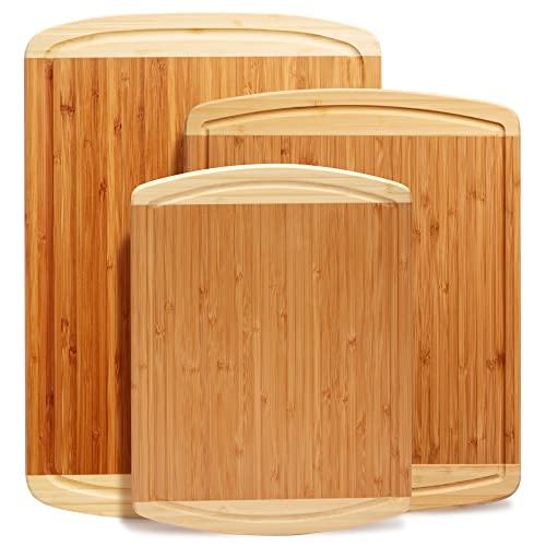 Organic Bamboo Cutting Board Set of 3 with Lifetime Replacements - Wood Cutting Board Set with Juice Groove - Wooden Chopping board Set for Kitchen, Meat and Cheese - Wooden Cutting Boards for Kitchen