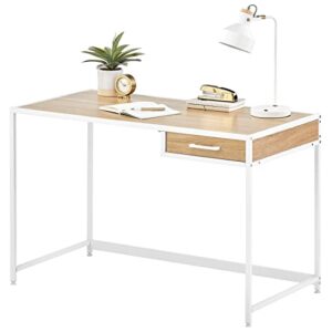 mdesign metal & wood sturdy home office desk with righthand drawer – computer desk, home office writing, small desk, modern simple style pc table – white metal frame/light natural wood top