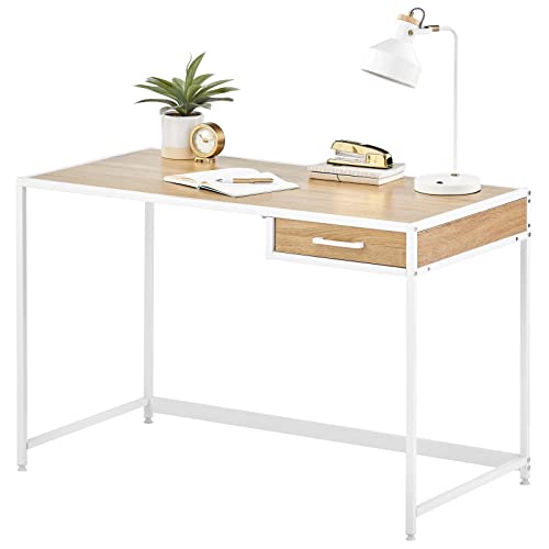 mDesign Metal & Wood Sturdy Home Office Desk with Righthand Drawer - Computer Desk, Home Office Writing, Small Desk, Modern Simple Style PC Table - White Metal Frame/Light Natural Wood Top