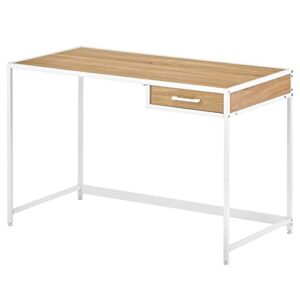 mDesign Metal & Wood Sturdy Home Office Desk with Righthand Drawer - Computer Desk, Home Office Writing, Small Desk, Modern Simple Style PC Table - White Metal Frame/Light Natural Wood Top