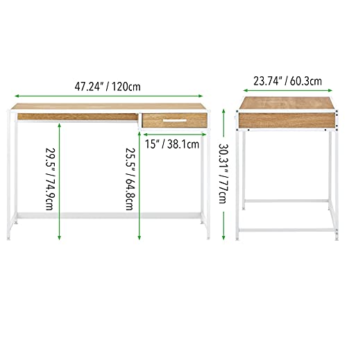 mDesign Metal & Wood Sturdy Home Office Desk with Righthand Drawer - Computer Desk, Home Office Writing, Small Desk, Modern Simple Style PC Table - White Metal Frame/Light Natural Wood Top