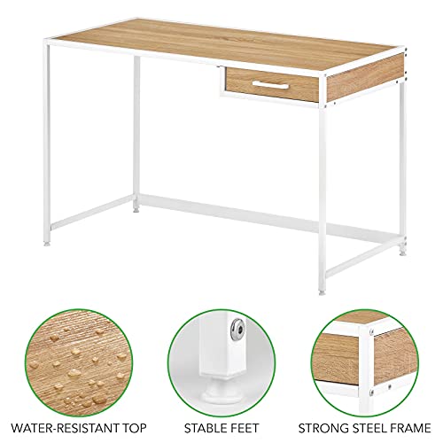mDesign Metal & Wood Sturdy Home Office Desk with Righthand Drawer - Computer Desk, Home Office Writing, Small Desk, Modern Simple Style PC Table - White Metal Frame/Light Natural Wood Top