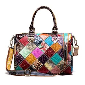 Women's Purses and Bags Multicolored, Genuine Leather Patchwork Tote Bag Large Capacity with A Detachable Shoulder Strap