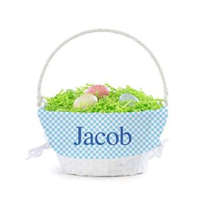 personalized easter egg basket with handle and custom name | blue gingham easter basket liners | white basket | woven easter baskets for kids and adults | customized easter basket | gift for easter