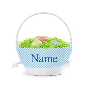 Personalized Easter Egg Basket with Handle and Custom Name | Blue Gingham Easter Basket Liners | White Basket | Woven Easter Baskets for Kids and Adults | Customized Easter Basket | Gift for Easter