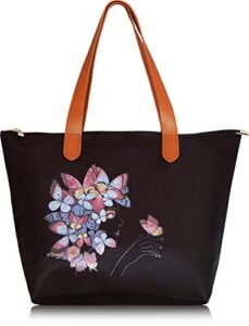 work tote bag with zipper butterfly bag shoulder bag handbag for women waterproof nylon travel, school, gifts y2k aesthetic (black)