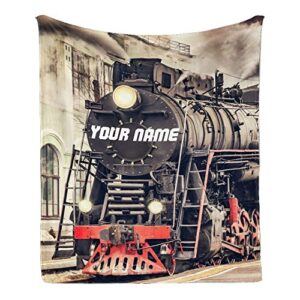 cuxweot custom blanket with name text,personalized retro steam train super soft fleece throw blanket for couch sofa bed (50 x 60 inches)
