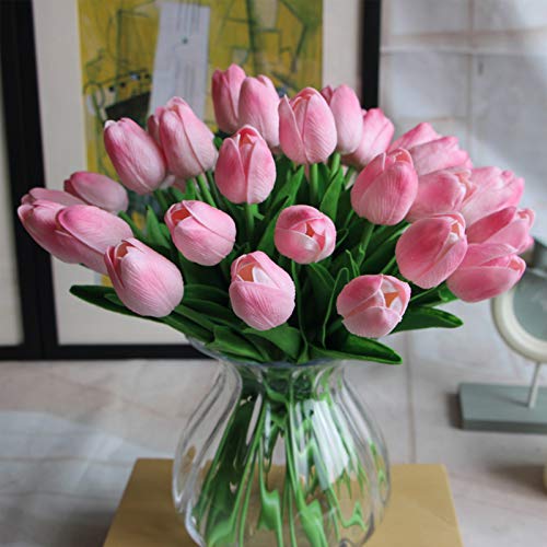 30pcs Real Touch Tulips PU Artificial Flowers, Fake Tulips Flowers for Arrangement Wedding Party Easter Spring Home Dining Room Office Decoration. (Pink, 14" Tall)