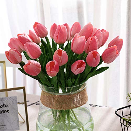 30pcs Real Touch Tulips PU Artificial Flowers, Fake Tulips Flowers for Arrangement Wedding Party Easter Spring Home Dining Room Office Decoration. (Pink, 14" Tall)