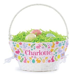 bunny flower pattern personalized easter egg basket with handle and custom name | pink easter basket liners | white basket | woven easter baskets for kids | customized easter basket | gift for easter