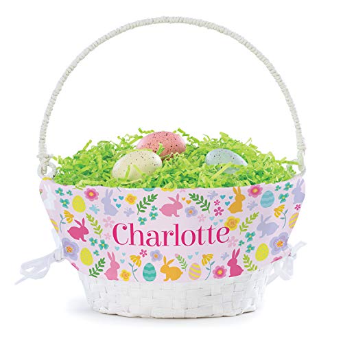 Bunny Flower Pattern Personalized Easter Egg Basket with Handle and Custom Name | Pink Easter Basket Liners | White Basket | Woven Easter Baskets for Kids | Customized Easter Basket | Gift for Easter