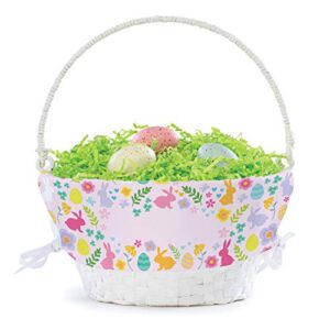 Bunny Flower Pattern Personalized Easter Egg Basket with Handle and Custom Name | Pink Easter Basket Liners | White Basket | Woven Easter Baskets for Kids | Customized Easter Basket | Gift for Easter