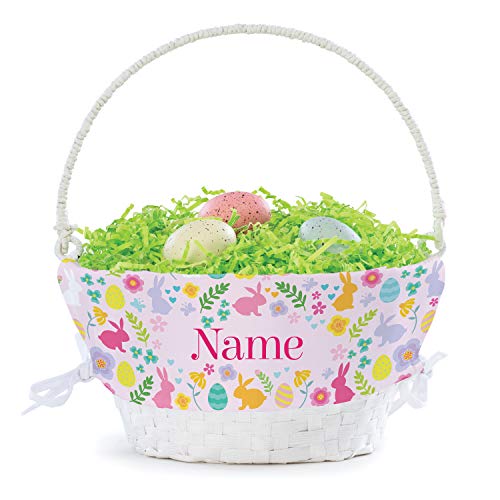 Bunny Flower Pattern Personalized Easter Egg Basket with Handle and Custom Name | Pink Easter Basket Liners | White Basket | Woven Easter Baskets for Kids | Customized Easter Basket | Gift for Easter