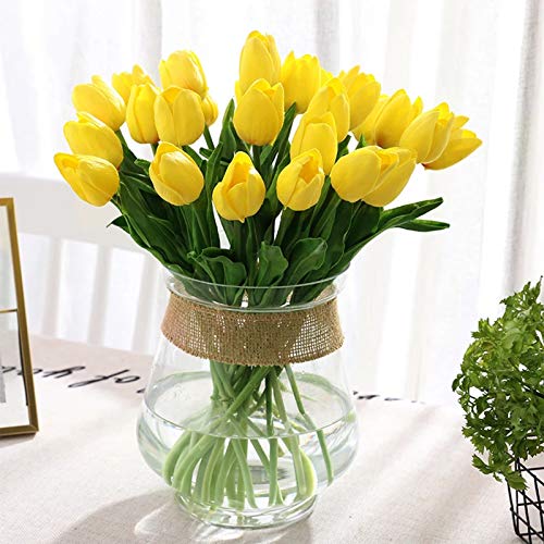 30PCS Real Touch Tulips PU Artificial Flowers, Fake Tulips Flowers for Arrangement Wedding Party Easter Spring Home Dining Room Office Decoration. (Yellow, 14" Tall)