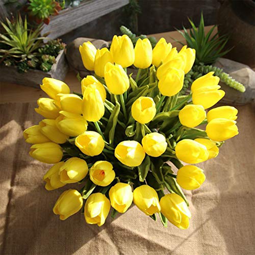 30PCS Real Touch Tulips PU Artificial Flowers, Fake Tulips Flowers for Arrangement Wedding Party Easter Spring Home Dining Room Office Decoration. (Yellow, 14" Tall)