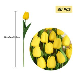 30PCS Real Touch Tulips PU Artificial Flowers, Fake Tulips Flowers for Arrangement Wedding Party Easter Spring Home Dining Room Office Decoration. (Yellow, 14" Tall)