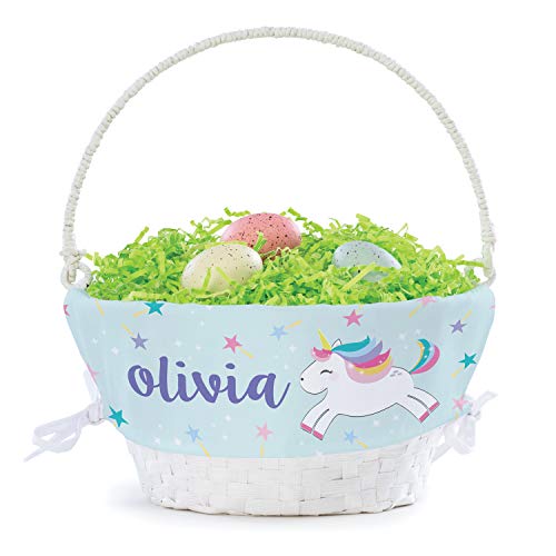 Rainbow Unicorn Personalized Easter Egg Basket with Handle and Custom Name | Blue Easter Basket Liners | White Basket | Woven Easter Baskets for Kids | Customized Easter Basket | Gift for Easter